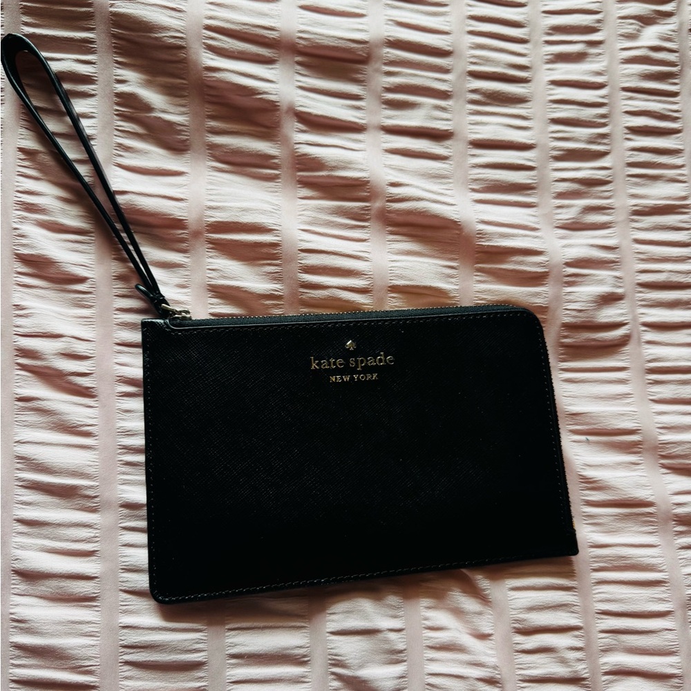 kate spade Black Leather Wristlet Pouch with Gold Logo